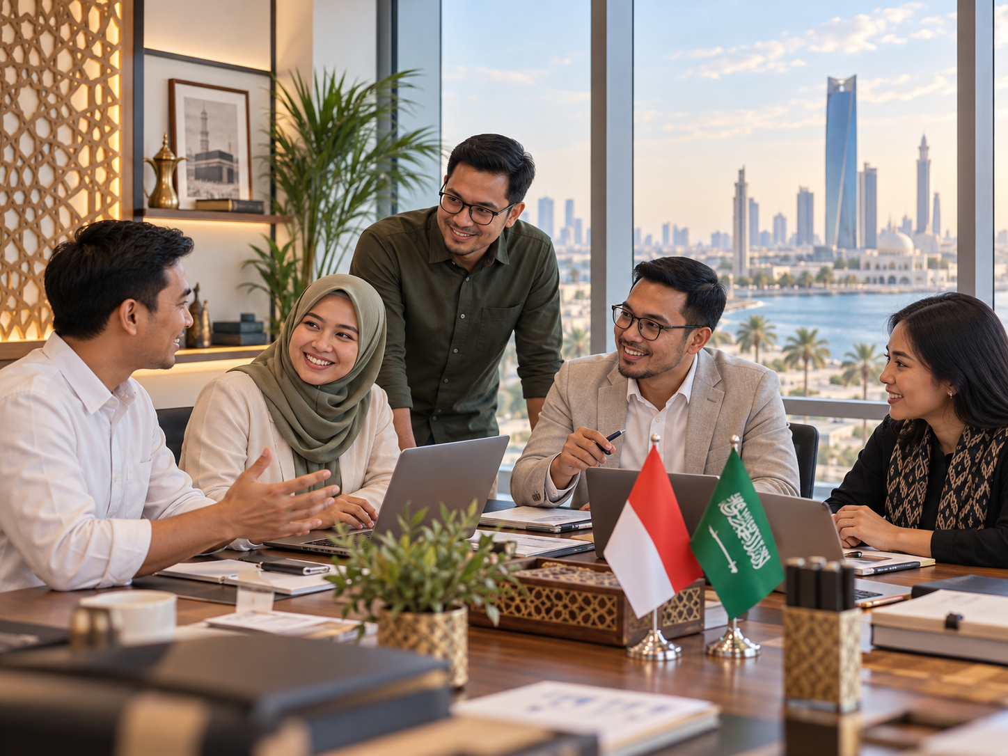 Ilustrasi rapat lima anggota Indonesia dengan bendera Indonesia dan Arab Saudi berlatar Jeddah