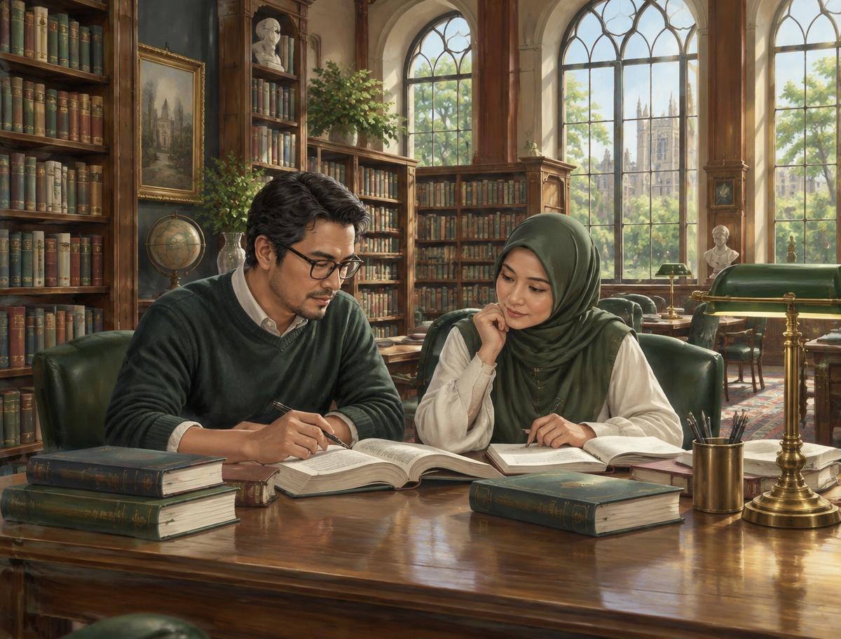 Ilustrasi mahasiswa dewasa belajar di perpustakaan kampus