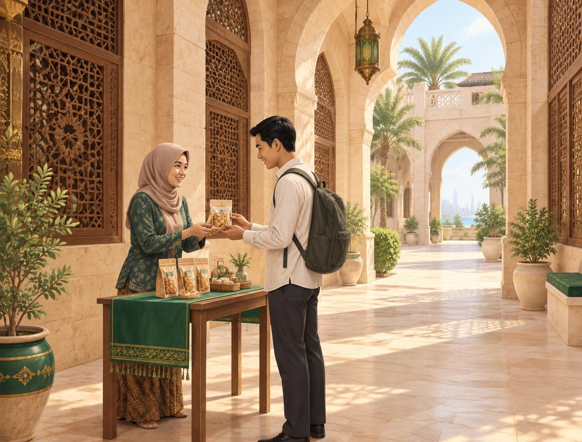 Ilustrasi satu pelaku UMKM menawarkan produk kepada mahasiswa sebagai unsur kecil di selasar Jeddah